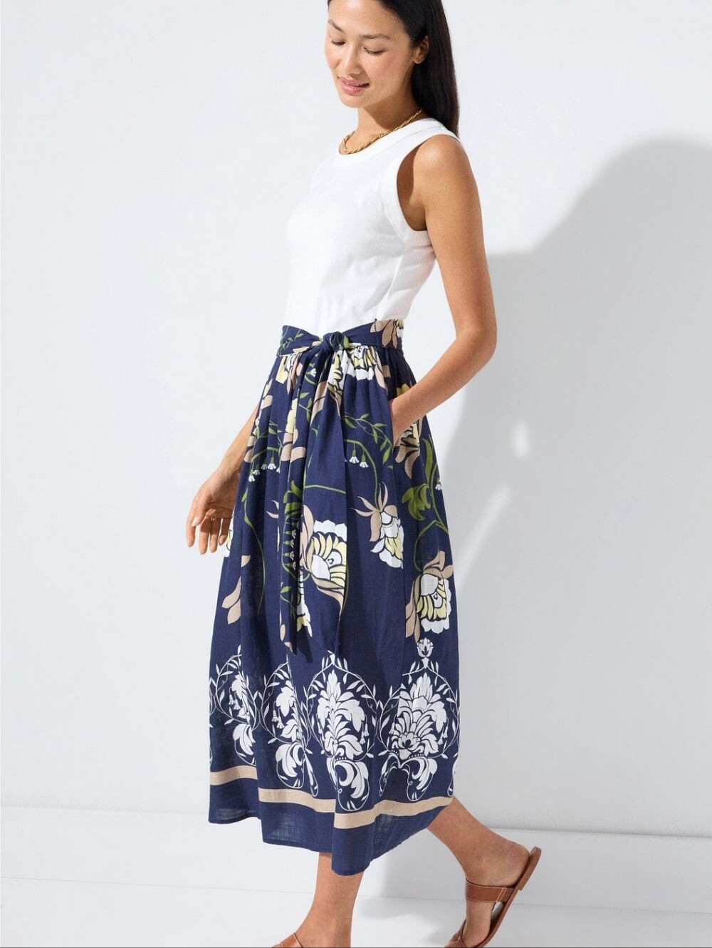 Fifteen Twenty Seline Contrast Midi Dress Casual Crew Neck Sleeveless Size M